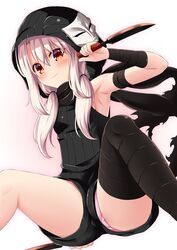  alternate_hairstyle armpits black_legwear blush commentary_request cosplay fate/kaleid_liner_prisma_illya fate_(series) female hassan_of_the_cursed_arm_(fate) hassan_of_the_cursed_arm_(fate)_(cosplay) highres hood illyasviel_von_einzbern knife long_hair looking_at_viewer morokoshi_(tekku) panties pink_panties red_eyes single_thighhigh sitting thighhighs twintails underwear white_hair 