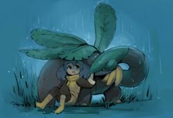  boots borvar coat commentary_request dark_skin female headpat highres plant pokemon pokemon_(creature) pokemon_xy purple_hair rain rubber_boots sina_(pokemon) sitting smile tropius water wet yellow_footwear 