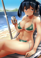  bare_shoulders beach beer_can bikini blue_hair blush breasts can collarbone commentary_request day drink_can female hair_ribbon holding holding_can kantai_collection kashiwamochi_(kashiwakashiwa) large_breasts looking_at_viewer navel outdoors ribbon sand sitting smile solo souryuu_(kancolle) sparkle sweat swimsuit twintails water 