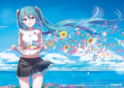  aqua_eyes aqua_hair bad_id bad_pixiv_id beamed_eighth_notes black_skirt blue_sky cloud cowboy_shot day eighth_note female field floating_hair flower flower_field hair_between_eyes hatsune_miku head_tilt horizon leaf long_hair looking_at_viewer midriff miniskirt musical_note ocean outdoors pemu petals petticoat piapro pleated_skirt shirt shirt_basket short_sleeves skirt sky solo sunflower sunlight treble_clef twintails very_long_hair vocaloid water watermark web_address white_shirt wind 