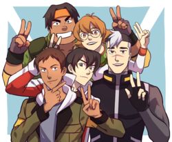  4boys black_gloves black_hair blue_eyes brown_eyes brown_hair commentary_request dark-skinned_male dark_skin double_v female fingerless_gloves glasses gloves hand_on_own_chin headband hood hoodie hunk_(voltron) jacket keith_(voltron) lance_(voltron) looking_at_viewer magatsumagic multicolored_hair multiple_boys open_clothes open_jacket pidge_gunderson reverse_trap sanpaku takashi_shirogane two-tone_hair v voltron:_legendary_defender voltron_(series) 