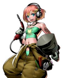  aqua_eyes female gloves goggles goggles_around_neck headphones jumpsuit jumpsuit_pull metal_slug metal_slug_attack midori_(metal_slug) midriff official_art orange_hair short_hair simple_background skull_tattoo strapless tattoo tools transparent_background tube_top welding_mask welding_torch 