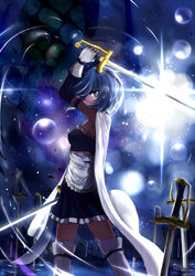  armband blue_eyes blue_hair caibao_return cape commentary dual_wielding female field_of_blades fortissimo gloves hair_ornament highres holding magical_girl mahou_shoujo_madoka_magica mahou_shoujo_madoka_magica_(anime) mahou_shoujo_madoka_magica_movie_1_&amp;_2 miki_sayaka miki_sayaka_(magical_girl) multiple_swords musical_note musical_note_hair_ornament oktavia_von_seckendorff planted planted_sword ripples short_hair solo spoilers sword thighhighs water weapon zettai_ryouiki 