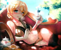  bad_id bad_pixiv_id blonde_hair blue_eyes blush bra braid breasts cleavage clothes_pull cookie couch creamer_(vessel) cup darjeeling_(girls_und_panzer) female folding_fan food girls_und_panzer hand_fan kowaremashita medium_breasts navel panties pantyhose pantyhose_pull short_hair smile solo sweat teacher teacup underwear 