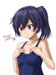  bare_shoulders blue_hair blue_one-piece_swimsuit blush breast_conscious breasts cleavage collarbone commentary_request female flying_sweatdrops fujisawa_aya_(gundam_build_divers) gundam gundam_build_divers hair_between_eyes hands_on_own_chest haura_akitoshi looking_down medium_hair one-piece_swimsuit purple_eyes school_swimsuit shiny_clothes side_ponytail simple_background small_breasts solo swimsuit twitter_username upper_body white_background 