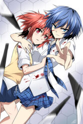  2girls akuma_no_riddle artist_name azuma_tokaku bad_id bad_pixiv_id blood blood_on_clothes blood_on_face blue_eyes blue_hair commentary_request highres ichinose_haru injury kago-tan knife multiple_girls necktie photoshop_(medium) pov red_eyes red_hair school_uniform short_hair skirt twintails 