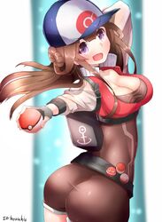  alternate_costume anchor_symbol arm_behind_head arm_up artist_name ass bad_id bad_twitter_id belt black_gloves blush boruhis breasts brown_hair cleavage electrode_(pokemon) eyebrows female fingerless_gloves floating_hair from_side gloves hair_bun hat highres holding holding_poke_ball kantai_collection kongou_(kancolle) large_breasts long_hair looking_at_viewer open_mouth poke_ball poke_ball_(basic) pokemon pokemon_go purple_eyes shorts sidelocks single_hair_bun solo stomach twisted_torso voltorb white_background 