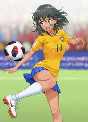  2018_fifa_world_cup adidas ball blurry brazil brazilian_flag cleats commentary dark-skinned_female dark_skin depth_of_field earrings female grass grey_hair highres idolmaster idolmaster_cinderella_girls jersey jewelry kicking natalia_(idolmaster) necklace nigou nike_(company) open_mouth outdoors pixelated portuguese_commentary purple_eyes shoelaces skirt soccer soccer_ball soccer_uniform sportswear sweat telstar_18 world_cup 