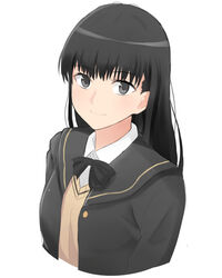  amagami ayatsuji_tsukasa bad_id bad_pixiv_id black_bow black_hair black_jacket blazer blunt_bangs bow bowtie cropped_arms cropped_torso female grey_eyes grey_sweater highres jacket kibito_high_school_uniform long_hair looking_at_viewer open_clothes open_jacket school_uniform shirt simple_background smile solo sweater ucukrtz upper_body white_background white_shirt 