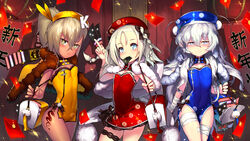  3girls absurdres alternate_costume bad_id bad_pixiv_id bag bandaged_arm bandages between_fingers blue_dress blue_eyes blue_hat blush bow braid brown_bow brown_hair closed_mouth commentary_request dark-skinned_female dark_skin dress envelope fingernails girls&#039;_frontline hairbow hat high_ponytail highres holding klin_(girls&#039;_frontline) korean_commentary leonat letter_hair_ornament long_hair mouth_hold mp5_(girls&#039;_frontline) mp5_(vietnamese_balm)_(girls&#039;_frontline) multiple_girls official_alternate_costume pelvic_curtain ponytail red_dress red_hat ribeyrolles_(girls&#039;_frontline) short_dress shoulder_bag side_braids twin_braids very_long_hair vietnamese_dress white_hair yellow_dress 