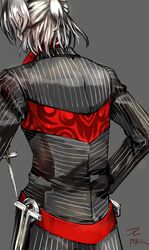  1boy antonio_salieri_(fate) antonio_salieri_(second_ascension)_(fate) commentary_request dagger fate/grand_order fate_(series) formal from_behind grey_background half_updo knife male_focus pfalz signature simple_background solo suit weapon white_hair 