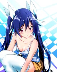  blue_hair commentary_request dark_blue_hair female flat_chest highres long_hair no_bra ore_twintail_ni_narimasu purple_eyes shorts sitting solo thighhighs tsube_aika twintails wardrobe_malfunction white_thighhighs yellow_shorts yuto_(dialique) 