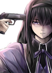  akemi_homura akemi_homura_(magical_girl) bad_id bad_pixiv_id black_hair black_hairband commentary_request crying female gun gun_to_head hairband handgun highres holding holding_gun holding_weapon kago-tan long_hair mahou_shoujo_madoka_magica mahou_shoujo_madoka_magica_(anime) neck_ribbon parted_lips purple_eyes purple_ribbon ribbon signature simple_background solo tears upper_body weapon white_background 