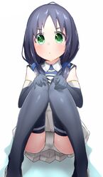  :&lt; bad_id bad_pixiv_id blue_gloves blue_thighhighs blush boruhis closed_mouth elbow_gloves eyebrows female gloves green_eyes hair_ornament hair_over_shoulder hands_on_own_knees highres kantai_collection knees_together_feet_apart knees_up long_hair looking_at_viewer low_twintails panties pantyshot pleated_skirt school_uniform serafuku simple_background sitting skirt sleeveless solo suzukaze_(kancolle) thighhighs twintails underwear white_background white_panties white_skirt 