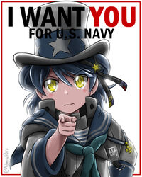  admiral_paru aqua_neckerchief black_ribbon blue_hair blue_sailor_collar commentary cosplay double_bun english_commentary female hair_bun hand_on_own_hip hat hat_ribbon highres i_want_you kantai_collection long_sleeves looking_at_viewer name_connection neckerchief parody pointing ribbon sailor_collar samuel_b._roberts_(kancolle) school_uniform serafuku shirt short_hair simple_background sleeve_cuffs solo top_hat twitter_username uncle_sam uncle_sam_(cosplay) uncle_sam_tophat white_background white_shirt yellow_eyes 