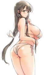  ass bikini black_hair blush breasts brown_eyes commentary_request female hair_ribbon huge_breasts iwato_kasumi long_hair looking_at_viewer low_ponytail momoiro_tunozemi ribbon saki_(manga) side-tie_bikini_bottom sideboob sidelocks simple_background smile solo swimsuit white_background white_bikini 