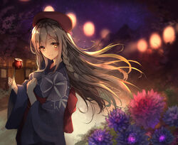  absurdres alternate_costume beret blurry blush braid breasts candy_apple commentary depth_of_field eyes_visible_through_hair female festival floating_hair flower food g36c_(girls&#039;_frontline) g36c_(ode_to_summer)_(girls&#039;_frontline) girls&#039;_frontline grey_hair hair_over_one_eye hat highres holding holding_food japanese_clothes kimono lantern large_breasts light long_hair looking_at_viewer night obi official_alternate_costume outdoors photoshop_(medium) red_eyes rinu99 sash side_braid sidelocks smile solo tree very_long_hair yukata 