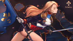  aiguillette blonde_hair blue_eyes breasts buttons character_name commentary_request double-breasted epaulettes female from_side gloves hair_ornament half-closed_eyes holding holding_sword holding_weapon large_breasts long_hair looking_afar military military_uniform pencil_skirt photoshop_(medium) rapier richelieu_(warship_girls_r) running sidelocks skindentation skirt solo standard_bearer sword thigh_strap thighs uniform warship_girls_r weapon white_gloves wuguno_ziran_juan 