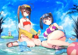  2girls :o ahoge animal ass azur_lane ball bare_shoulders beachball bikini black_choker black_hair blue_jacket blue_sky breasts brown_hair candy choker closed_mouth cloud collarbone commentary_request day eyewear_on_head food from_behind full_body fur-trimmed_jacket fur_trim gloves groin hair_rings hairband halterneck highres holding holding_food ice_cream ice_cream_cone innertube isaka_wasabi jacket legs long_hair long_sleeves looking_at_viewer lying lying_on_water medium_breasts multiple_girls ning_hai_(azur_lane) ning_hai_(summer_hunger)_(azur_lane) ocean official_alternate_costume on_side open_clothes open_jacket open_mouth outdoors panda partially_submerged ping_hai_(azur_lane) ping_hai_(summer_vacation)_(azur_lane) purple_bikini purple_eyes purple_gloves red_bikini red_eyes red_gloves sandals sitting sky small_breasts smile sunglasses swim_ring swimsuit thighs toes triple_scoop twintails very_long_hair wariza water yellow_jacket 