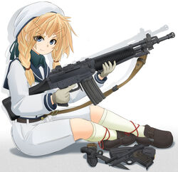  assault_rifle bayonet beretta_92 beretta_ar70/90 combat_knife commentary_request dress female gloves gun gun_sling handgun hat highres knife looking_at_viewer magazine_(weapon) md5_mismatch mikeran_(mikelan) military original resolution_mismatch rifle sailor_dress sailor_hat solo trigger_discipline weapon 