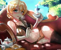  blonde_hair blue_eyes blush bra braid breasts cleavage clothes_pull commentary_request cookie couch creamer_(vessel) cup darjeeling_(girls_und_panzer) female folding_fan food girls_und_panzer hand_fan kowaremashita large_breasts navel panties pantyhose pantyhose_pull short_hair smile solo sweat teacher teacup underwear 