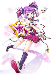  aisha_landar bare_shoulders battle_magician_(elsword) breasts cleavage commentary_request dress elsword female full_body gloves hair_ornament holding holding_wand magical_girl purple_eyes purple_hair sakumo_(karatama) shoes socks solo staff star_(symbol) star_wand twintails wand white_gloves wings 