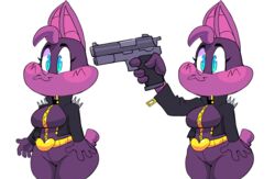  2018 :3 bat blue_eyes female gun humor mammal mask meme ranged_weapon reaction_image silly smile solo sophie_slam vimhomeless weapon 