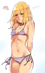  arms_behind_back bikini blonde_hair blunt_bangs blush breasts brown_eyes cleavage commentary cowboy_shot dated female highres kenshin187 midorikawa_hana navel prison_school purple_bikini short_hair side-tie_bikini_bottom simple_background small_breasts solo spoken_blush standing striped_bikini striped_clothes swimsuit white_background 