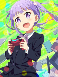  :d blush commentary_request controller eyebrows female game_controller gamepad hair_ornament highres light_purple_hair long_hair looking_at_viewer new_game! open_mouth playstation_controller purple_eyes school_uniform smile solo suzukaze_aoba tomato_(lsj44867) twintails 