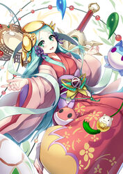  amaterasu_(p&amp;d) aqua_hair bad_id bad_pixiv_id barefoot blush commentary_request female green_eyes headgear highres japanese_clothes jewelry kimono long_hair long_sleeves looking_at_viewer open_mouth puuzaki_puuna puzzle_&amp;_dragons sash smile solo sword tamadra very_long_hair weapon wide_sleeves 