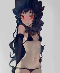  abyssal_ship alternate_costume arm_at_side bare_shoulders bikini black_bikini black_bow black_bowtie black_gloves black_hair black_hat blush bonnet bow bowtie breasts closed_mouth commentary_request cowboy_shot elbow_gloves female frown gloves gothic_lolita hand_on_own_hip hat highres isolated_island_oni isolated_island_princess kantai_collection lolita_fashion long_hair looking_at_viewer lowleg lowleg_bikini navel red_eyes skindentation small_breasts solo stomach sweatdrop swimsuit very_long_hair walzrj 