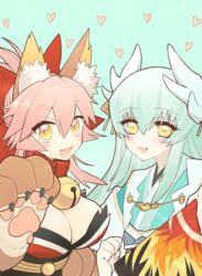  2girls animal_ear_fluff animal_ears animal_hands aqua_hair bell blush breasts cat_paws cleavage collar commentary_request dragon_girl dragon_horns fangs fate/grand_order fate_(series) fox_ears fox_girl gloves green_hair hair_ribbon hand_fan highres horns japanese_clothes jingle_bell kimono kiyohime_(fate) large_breasts long_hair multiple_girls neck_bell obi paw_gloves paw_shoes pink_hair ponytail red_ribbon ribbon sash shoes suzukimadaka tail tamamo_(fate) tamamo_cat_(fate) tamamo_cat_(first_ascension)_(fate) yellow_eyes 