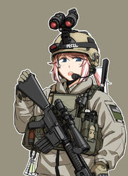  american_flag commentary_request female gloves gun helmet holding holding_weapon laser_sight leupold_optics load_bearing_vest looking_at_viewer magazine_(weapon) military military_operator night_vision_device original ponytail rifle scope shino_(r_shughart) simple_background sniper_rifle solo sr-25 weapon 