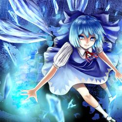  blue_bow blue_dress blue_eyes blue_hair bow cirno commentary_request dress female hairbow ice ice_wings looking_at_viewer mary_janes menka_(menka_wata) shoes short_hair solo touhou wings 