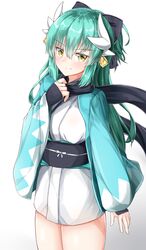  absurdres arm_guards black_bow black_scarf blush bow breasts closed_mouth commentary_request cosplay cowboy_shot dragon_horns fate/grand_order fate_(series) female green_hair hair_between_eyes hair_ornament hairbow hand_up haori head_tilt highres horns japanese_clothes kimono kiyohime_(fate) koha-ace long_hair long_sleeves looking_at_viewer medium_breasts moyoron obi okita_souji_(fate) okita_souji_(koha-ace) okita_souji_(koha-ace)_(cosplay) ponytail sash scarf shinsengumi short_kimono short_ponytail simple_background smile solo v-shaped_eyebrows very_long_hair white_background white_kimono wide_sleeves yellow_eyes 