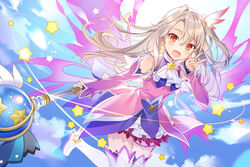  :d bad_id bad_pixiv_id blonde_hair blue_sky boots cloud commentary_request detached_sleeves dress earrings energy_wings fate/kaleid_liner_prisma_illya fate_(series) female flying hair_between_eyes hair_ornament illyasviel_von_einzbern jewelry long_hair looking_at_viewer magical_girl magical_ruby magical_sapphire multicolored_clothes multicolored_dress one_side_up open_mouth prisma_illya_(zwei_form) red_eyes rie_(reverie) sky smile solo star_(symbol) star_earrings thigh_boots thighhighs v wand white_footwear 