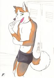  anthro artist_logo black_clothing black_underwear canid canine clothed clothing fluke fur green_eyes hi_res jewelry lock locker_room logo looking_at_viewer male mammal necklace open_mouth padlock simple_background solo topless underwear white_body white_fur 