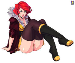  ass blue_eyes commentary_request crossed_legs female kyoffie lips looking_at_viewer photoshop_(medium) red_(transistor) red_hair sitting solo thighhighs transistor_(game) white_background 