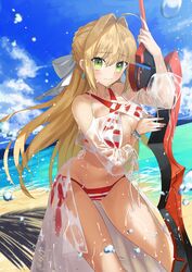  aestus_estus ahoge alternate_hair_length alternate_hairstyle arm_up ashiwara_yuu bare_shoulders beach bikini blue_eyes blue_sky braid breasts bubble cleavage closed_mouth cloud collarbone commentary_request criss-cross_halter day fate/grand_order fate_(series) female green_eyes hair_between_eyes hair_intakes halterneck hand_up holding holding_sword holding_weapon large_breasts long_hair long_sleeves looking_at_viewer nero_claudius_(fate) nero_claudius_(swimsuit_caster)_(fate) nero_claudius_(swimsuit_caster)_(third_ascension)_(fate) ocean outdoors puffy_long_sleeves puffy_sleeves sand see-through side-tie_bikini_bottom sky smile solo striped_bikini striped_clothes swimsuit sword very_long_hair water weapon 