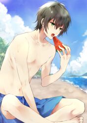  1boy bad_id bad_pixiv_id beach black_hair blue_sky cloud commentary day food fruit green_eyes holding holding_food holding_fruit holding_watermelon kanai_(mahoro) king_of_prism king_of_prism_by_prettyrhythm kougami_taiga male_focus male_swimwear open_mouth outdoors plant pretty_rhythm pretty_series sky solo sparkle swim_trunks water watermelon 