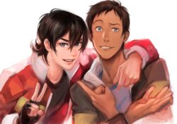  2boys arm_around_shoulder black_gloves black_hair blue_eyes brown_hair commentary_request crossed_arms dark-skinned_male dark_skin fingerless_gloves gloves grey_eyes grin jacket keith_(voltron) lance_(voltron) magatsumagic male_focus multiple_boys open_clothes open_jacket open_mouth parted_lips pointing realistic sanpaku smile v voltron:_legendary_defender voltron_(series) 