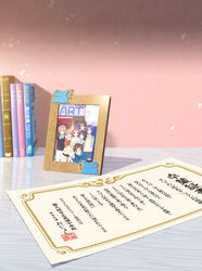  3boys 4girls book diploma highres hiradaira_chisaki hisanuma_sayu isaki_kaname kihara_tsumugu mukaido_manaka multiple_boys multiple_girls nagi_no_asukara official_art photo_(object) picture_frame sakishima_hikari sea_slug shiodome_miuna thumbs_up translation_request v 