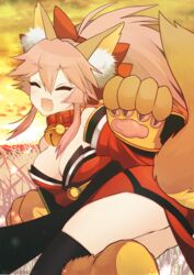  animal_ear_fluff animal_ears animal_hands bell blush breasts cat_paws cleavage closed_eyes collar commentary_request fangs fate/grand_order fate_(series) female fox_ears fox_girl fox_tail gloves hair_ornament hair_ribbon highres japanese_clothes jingle_bell kimono large_breasts long_hair nature neck_bell open_mouth outdoors paw_gloves paw_shoes pink_hair ponytail red_kimono red_ribbon ribbon shoes suzukimadaka tail tamamo_(fate) tamamo_cat_(fate) tamamo_cat_(first_ascension)_(fate) 