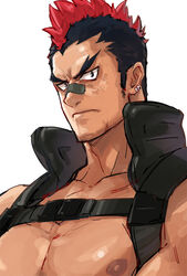  1boy 329 bad_id bad_pixiv_id bandaid bandaid_on_face bandaid_on_nose bara black_hair chest_harness earrings eyebrows harness holster jewelry kill_la_kill kinagase_tsumugu male_focus mohawk multicolored_hair muscular muscular_male nudist_beach_uniform pectorals photoshop_(medium) red_hair revealing_clothes shoulder_holster solo topless_male two-tone_hair upper_body 