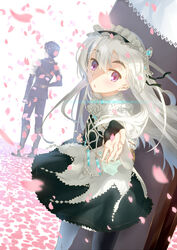  1boy :&lt; black_pantyhose boots chaika_trabant commentary_request dress dutch_angle eyebrows female from_behind full_body highres hitsugi_no_chaika long_hair long_sleeves maid_headdress pants pantyhose petals purple_eyes shirt short_hair standing tooru_acura veaml white_hair wind 