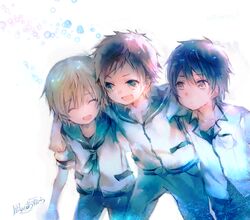  3boys bad_id bad_link bad_twitter_id black_hair blue_eyes brown_eyes brown_hair closed_eyes isaki_kaname kihara_tsumugu male_focus mihama_junior_high_school_uniform multiple_boys nagi_no_asukara nami_junior_high_school_uniform sailor_collar sakishima_hikari school_uniform shigaraki_(strobe_blue) 