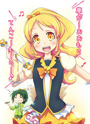  2girls ^_^ blonde_hair blush brooch closed_eyes commentary_request cure_honey eating green_hair happinesscharge_precure! heart heart_brooch highres jewelry kirimochi long_hair looking_at_viewer magical_girl midorikawa_nao multiple_girls oomori_yuuko open_mouth ponytail precure rice short_hair skirt smile_precure translation_request wide_ponytail yellow_eyes yellow_skirt 