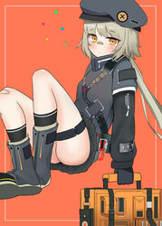  absurdres bandaid bandaid_on_face bandaid_on_knee bandaid_on_leg bandaid_on_nose beret blush boots cla_(finesoda) coat commentary_request female full_body girls&#039;_frontline gloves grey_hair hat highres hip_focus hs2000_(girls&#039;_frontline) korean_commentary long_hair orange_background photoshop_(medium) ponytail simple_background sitting solo trench_coat yellow_eyes 