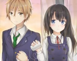  1boy bad_id bad_pixiv_id black_hair blue_eyes brown_eyes brown_hair couple female hair_down kitashirakawa_tamako konka long_hair mole mole_on_neck ooji_mochizou school_uniform short_hair straight string_phone tamako_market 