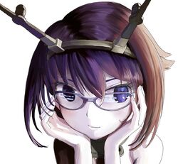  bespectacled blue_eyes brown_hair closed_mouth commentary_request female glasses kantai_collection light_smile mocha_(snowflake) mutsu_(kancolle) portrait simple_background smile solo white_background 